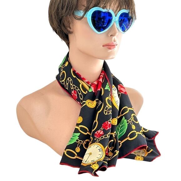 Vintage BILL BLASS SILK  roses, pocket watches, chain scarf-black red gold - Picture 6 of 9